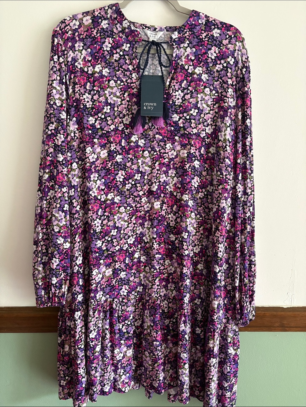 Crown & ivy Purple Floral Long-Sleeve Womens Dress